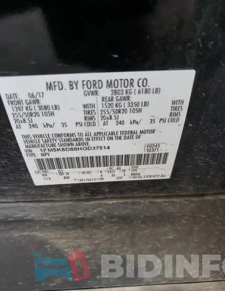 1FM5K8D88HGD37514 Photo# 13