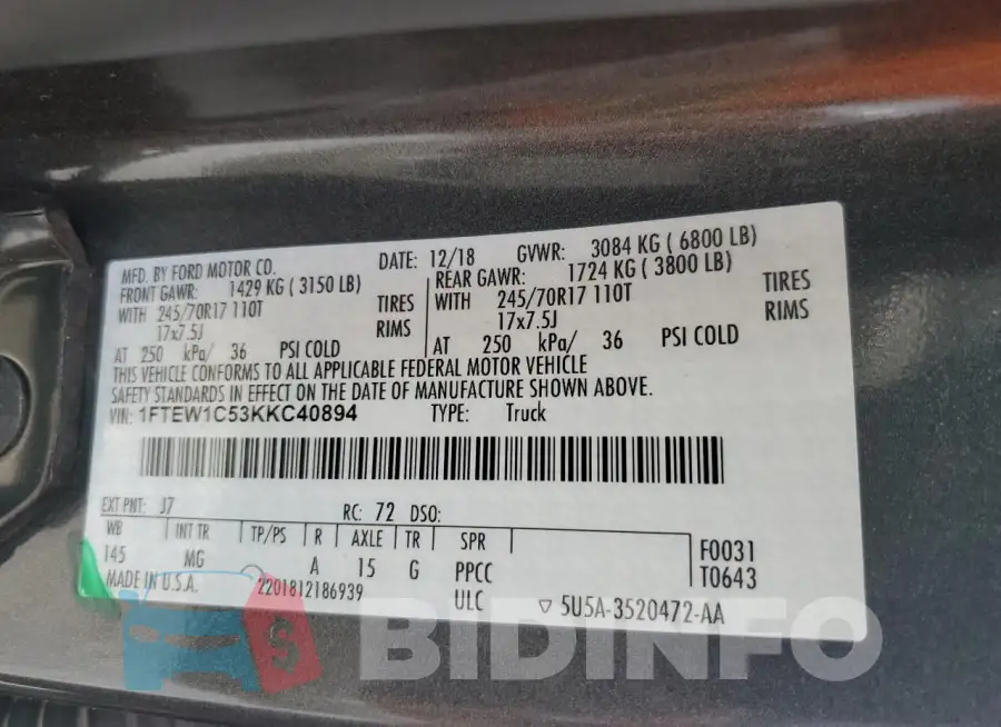 1FTEW1C53KKC40894 Photo# 13