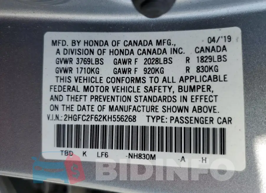 2HGFC2F62KH556268 Photo# 12