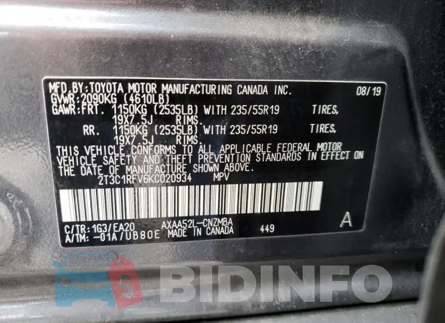 2T3C1RFV6KC020934 Photo# 13