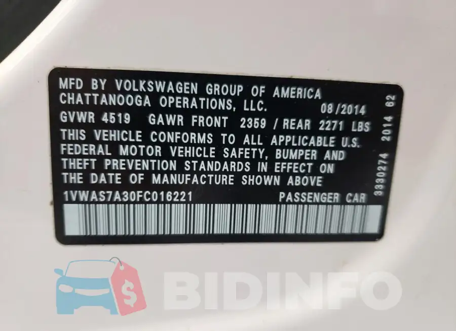 1VWAS7A30FC016221 Photo# 12