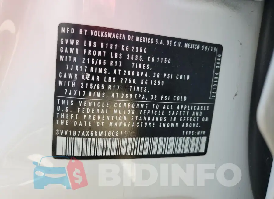3VV1B7AX6KM160811 Photo# 13