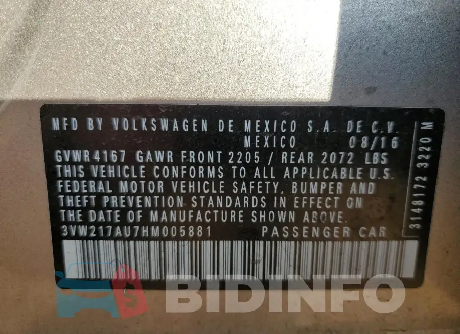 3VW217AU7HM005881 Photo# 12