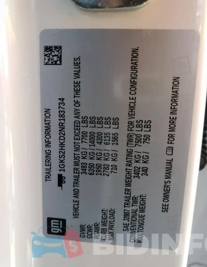 1GKS2HKD2NR183734 Photo# 13
