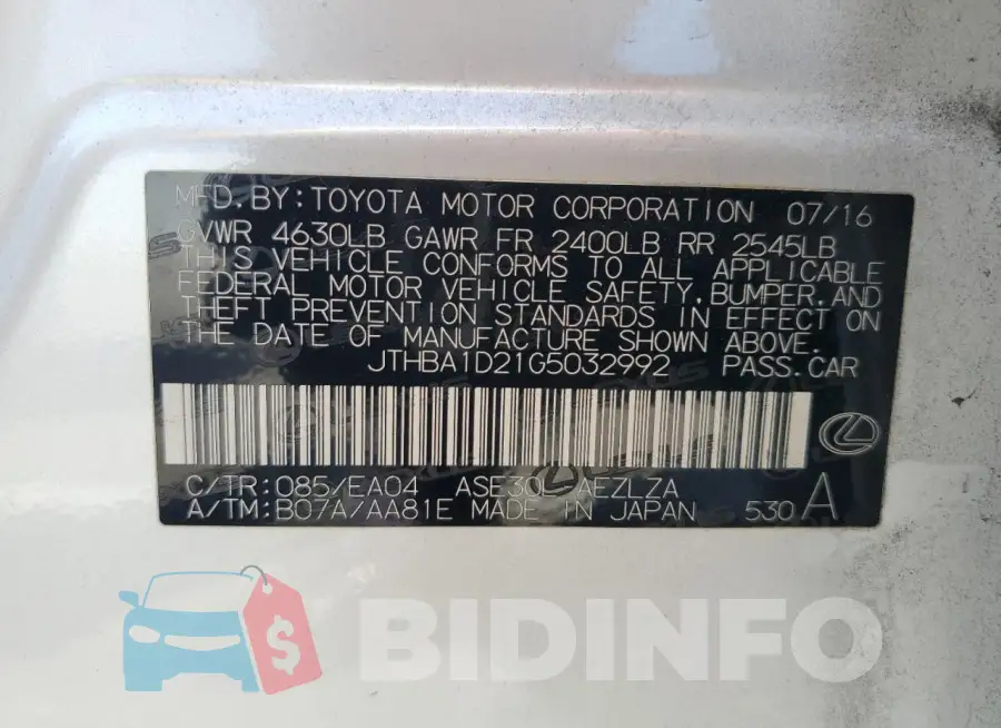JTHBA1D21G5032992 Photo# 12