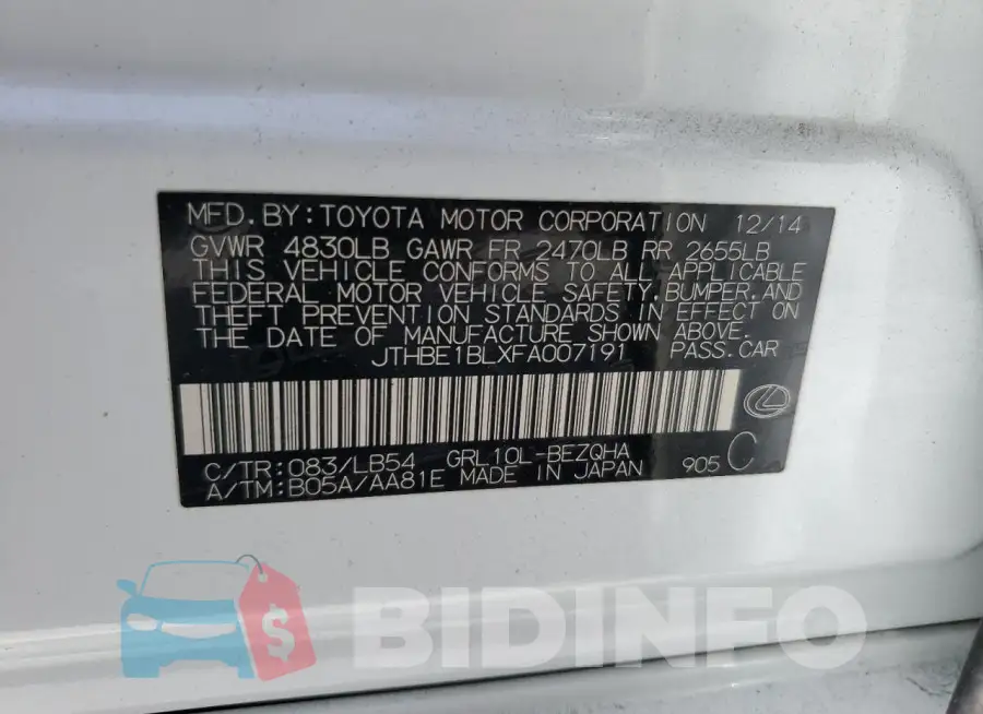 JTHBE1BLXFA007191 Photo# 13