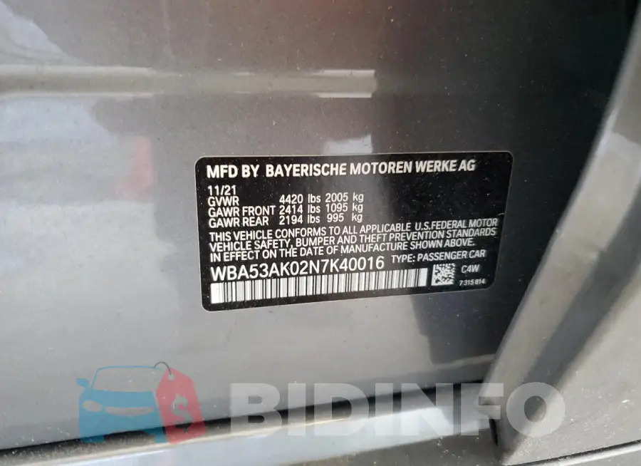 WBA53AK02N7K40016 Photo# 12