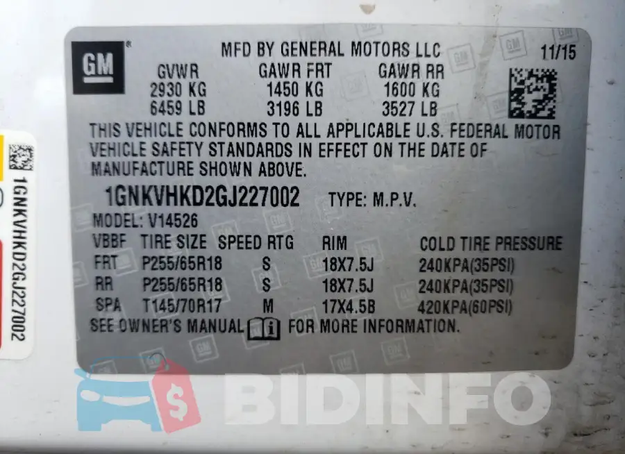 1GNKVHKD2GJ227002 Photo# 13