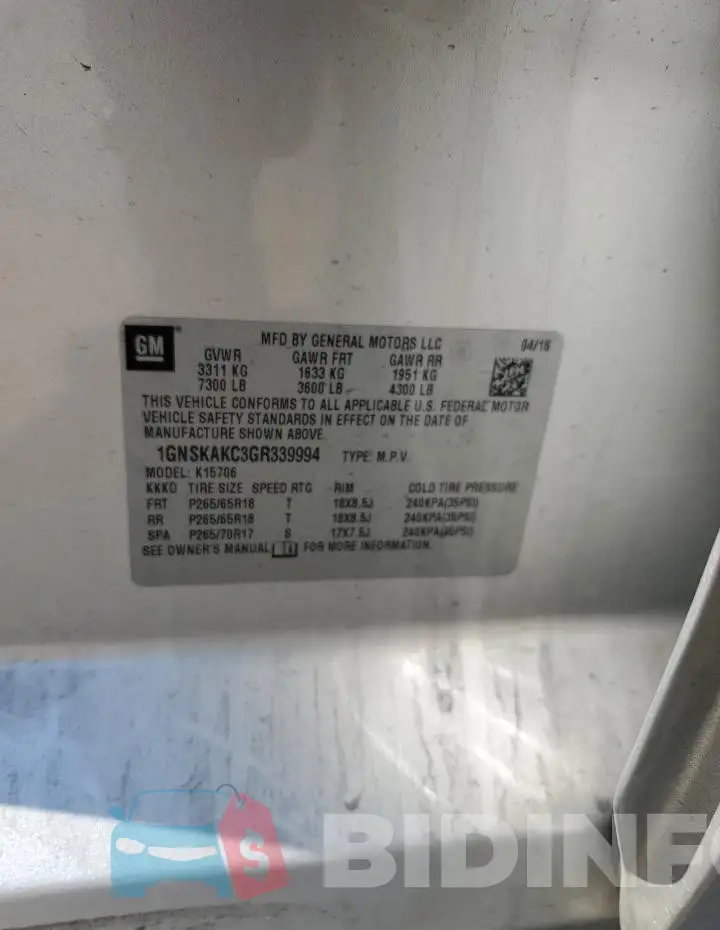 1GNSKAKC3GR339994 Photo# 12