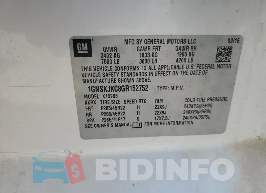 1GNSKJKC8GR152752 Photo# 13