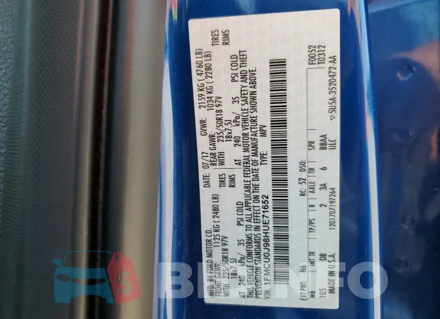 1FMCU0J98HUE71652 Photo# 13