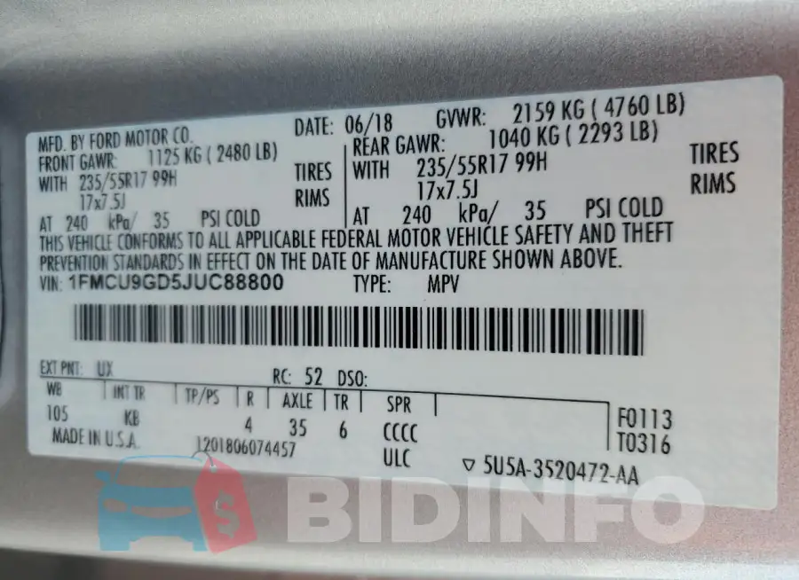 1FMCU9GD5JUC88800 Photo# 13