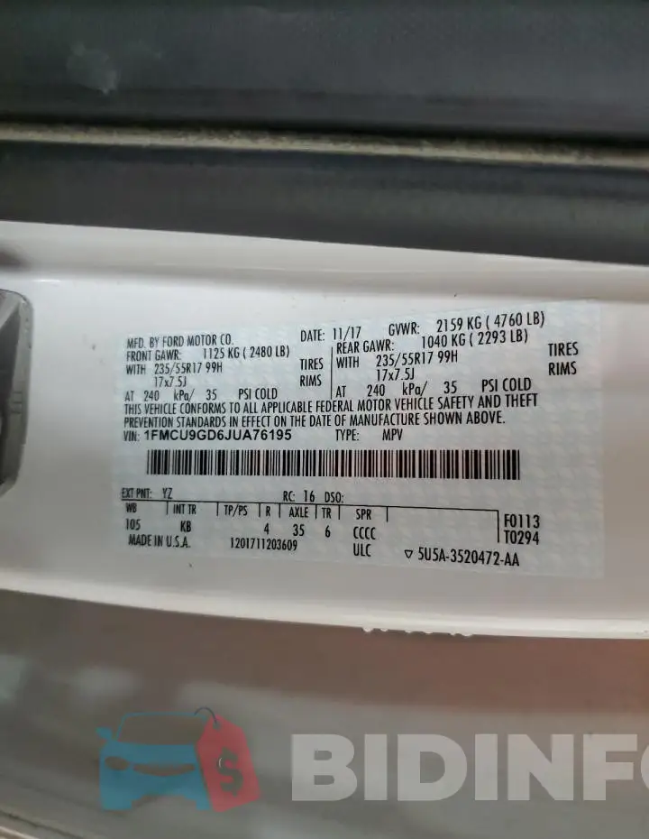 1FMCU9GD6JUA76195 Photo# 14