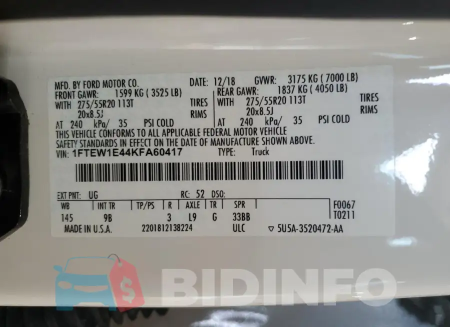 1FTEW1E44KFA60417 Photo# 13