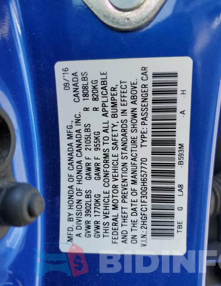 2HGFC1F30GH657770 Photo# 13