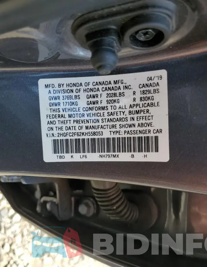2HGFC2F62KH558053 Photo# 12