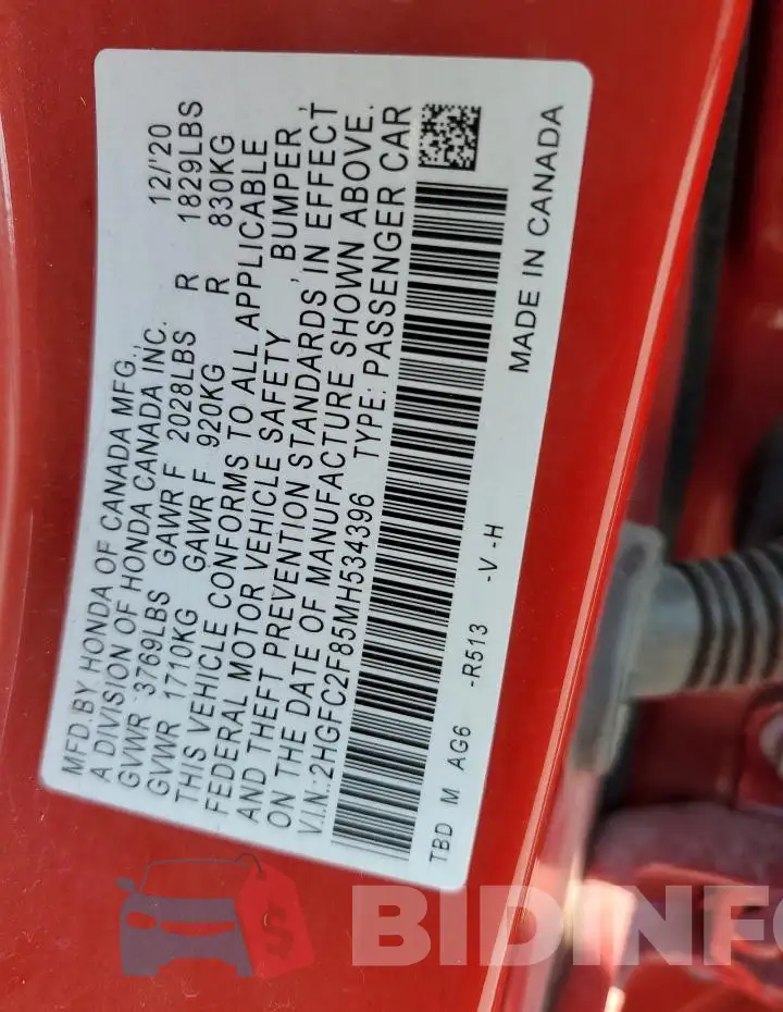 2HGFC2F85MH534396 Photo# 13