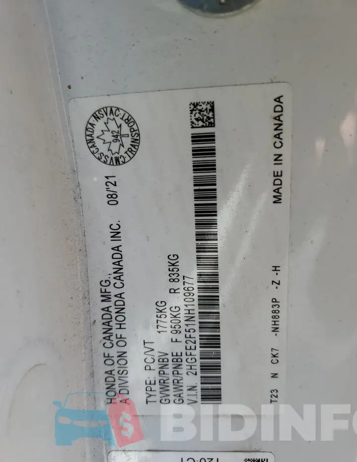 2HGFE2F51NH109677 Photo# 12