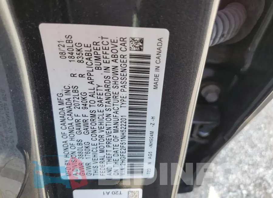 2HGFE2F51NH522201 Photo# 12