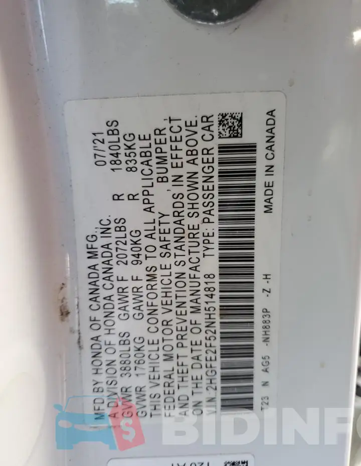 2HGFE2F52NH514818 Photo# 12