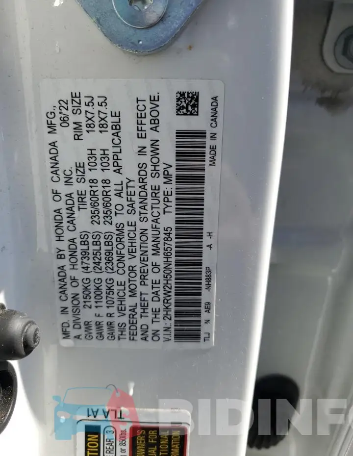 2HKRW2H50NH657845 Photo# 14
