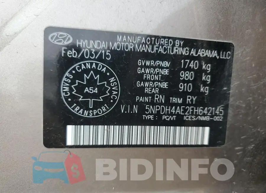 5NPDH4AE2FH642145 Photo# 12