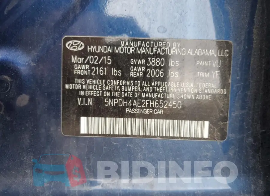 5NPDH4AE2FH652450 Photo# 12