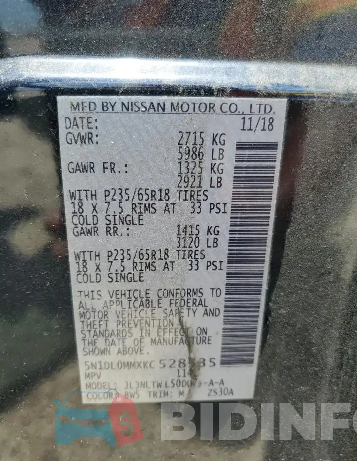 5N1DL0MMXKC528535 Photo# 12