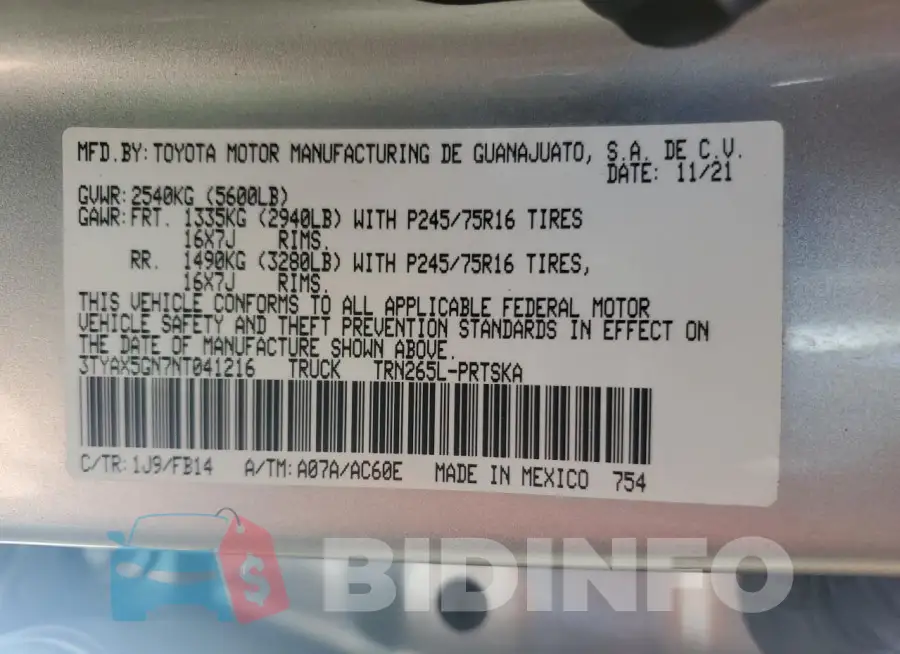 3TYAX5GN7NT041216 Photo# 12