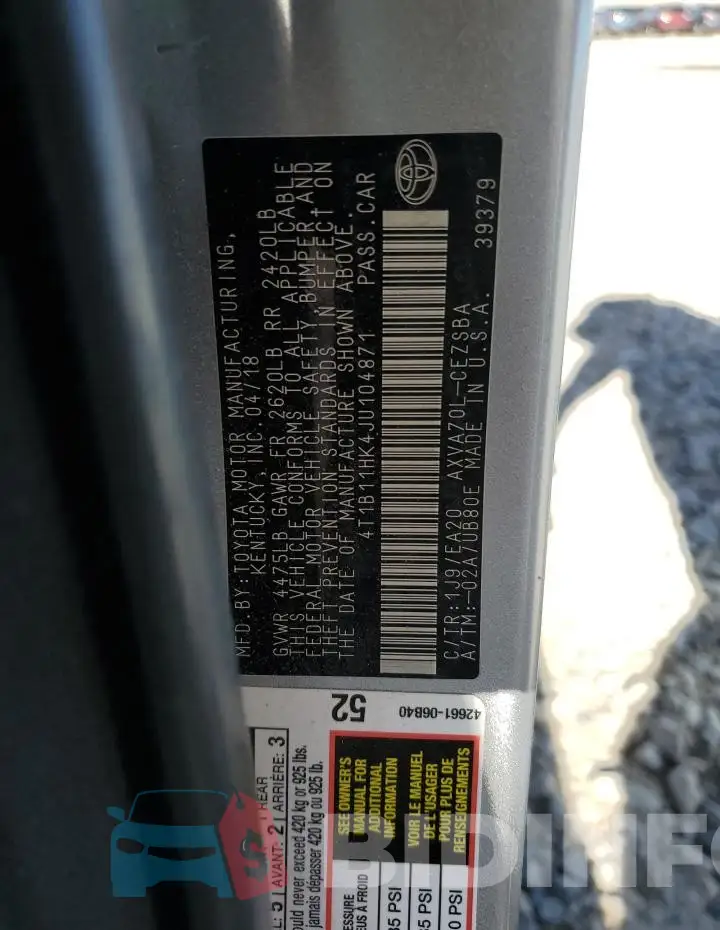 4T1B11HK4JU104871 Photo# 13