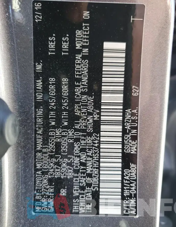 5TDBZRFH7HS374422 Photo# 13