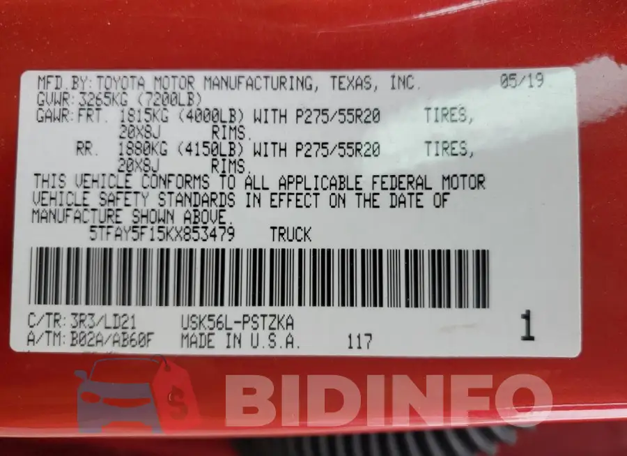 5TFAY5F15KX853479 Photo# 13