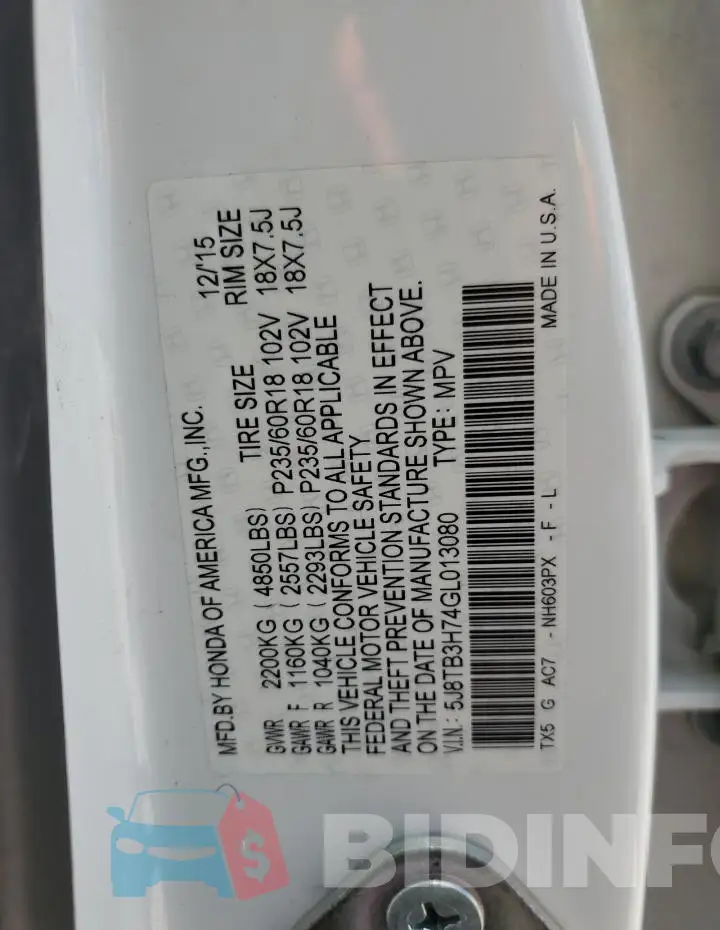 5J8TB3H74GL013080 Photo# 13