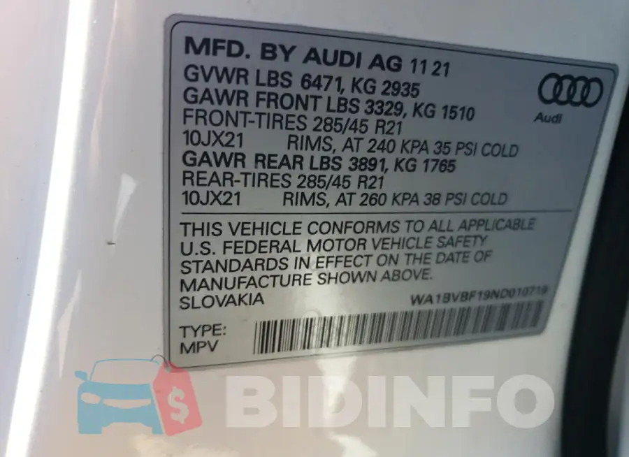 WA1BVBF19ND010719 Photo# 13