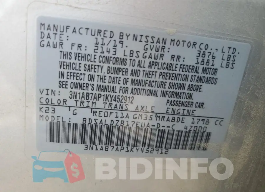 3N1AB7AP1KY452912 Photo# 12