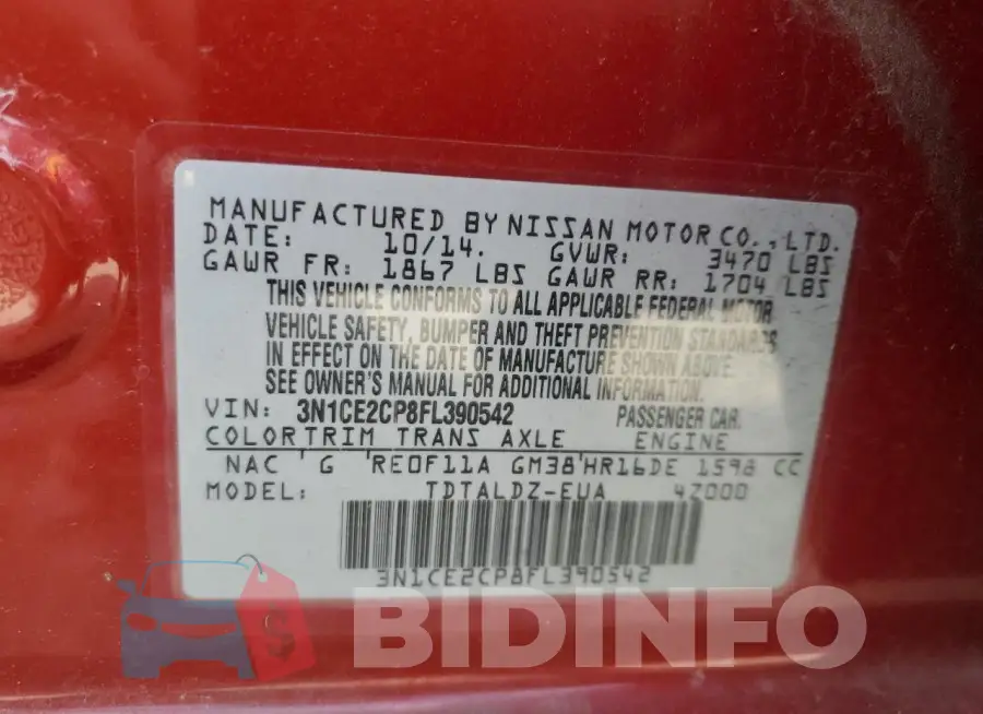 3N1CE2CP8FL390542 Photo# 13