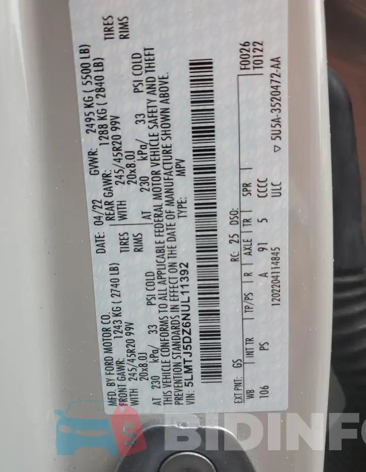 5LMTJ5DZ6NUL11392 Photo# 13