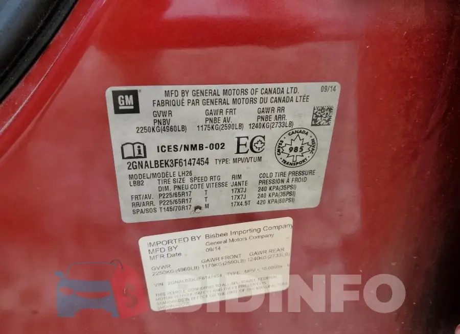 2GNALBEK3F6147454 Photo# 14