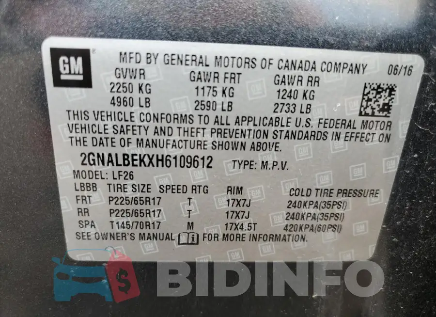 2GNALBEKXH6109612 Photo# 13