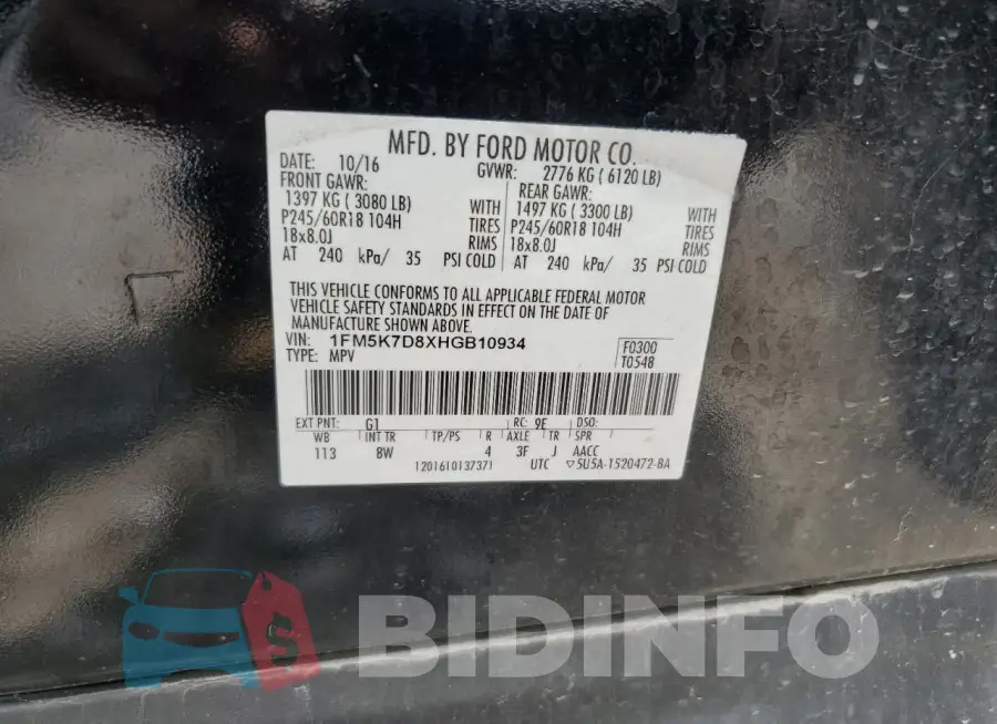 1FM5K7D8XHGB10934 Photo# 13