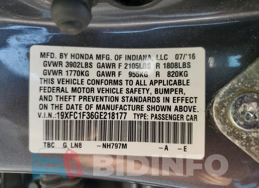 19XFC1F36GE218177 Photo# 12