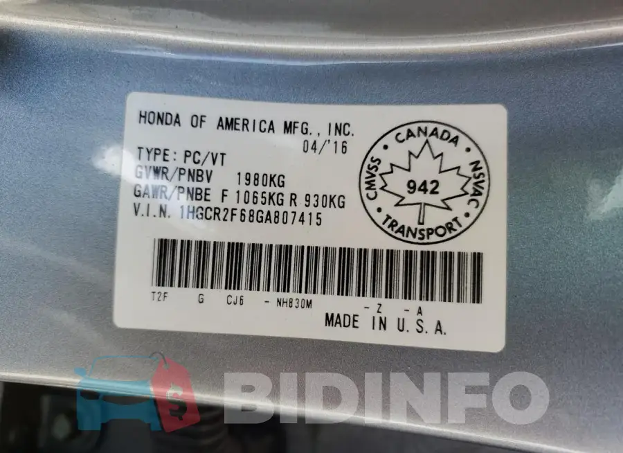 1HGCR2F68GA807415 Photo# 12