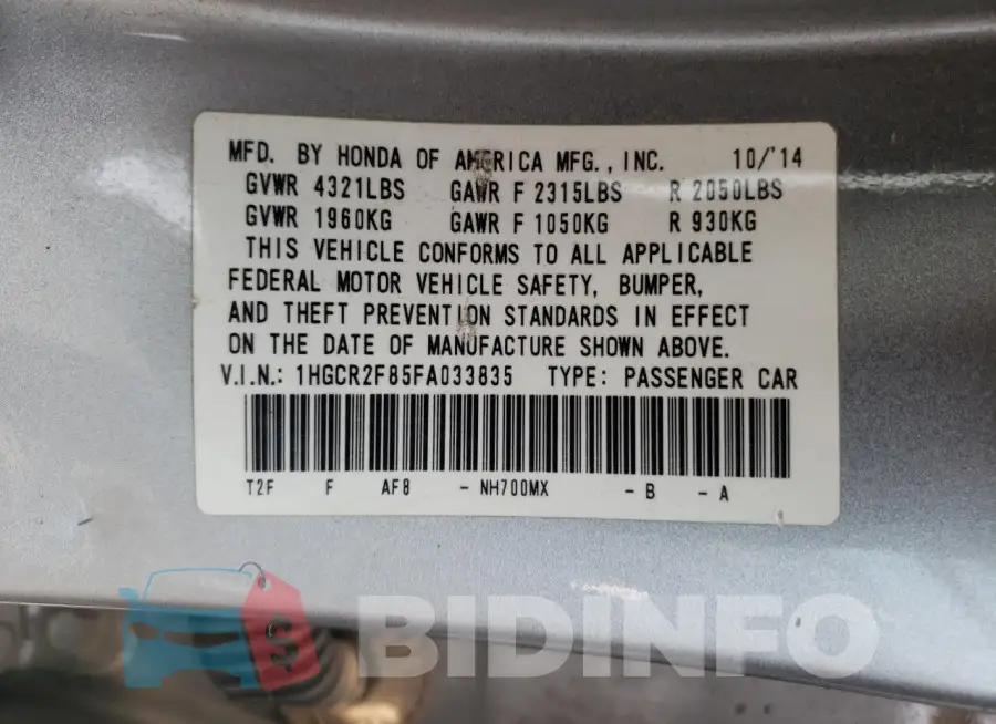1HGCR2F85FA033835 Photo# 12