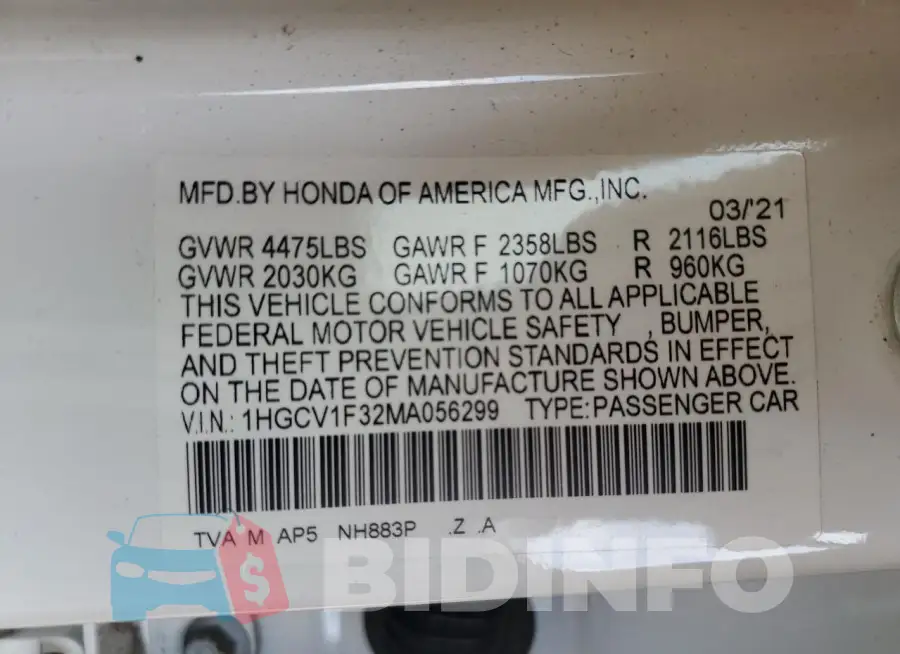 1HGCV1F32MA056299 Photo# 12