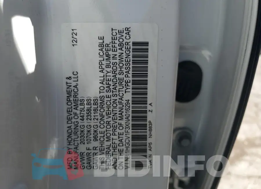 1HGCV1F3XNA016294 Photo# 12