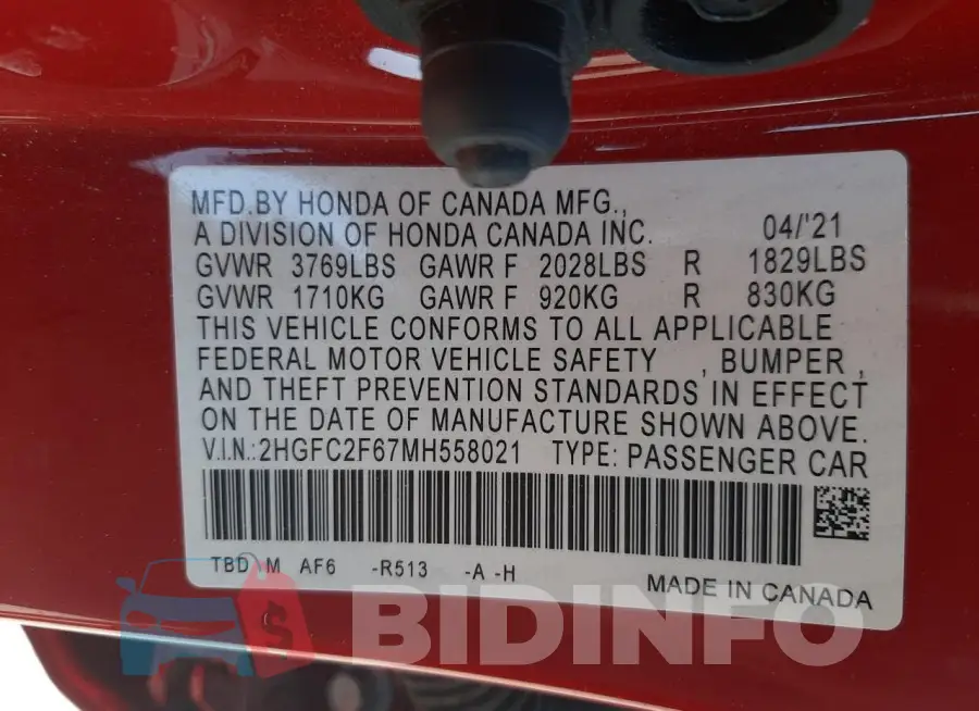 2HGFC2F67MH558021 Photo# 10