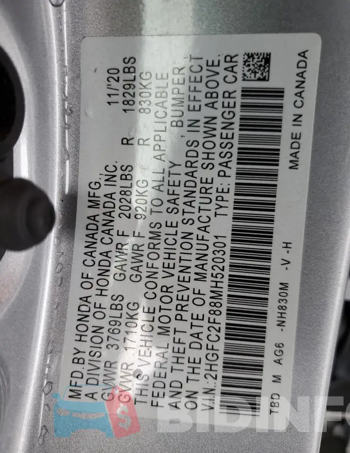 2HGFC2F88MH520301 Photo# 12
