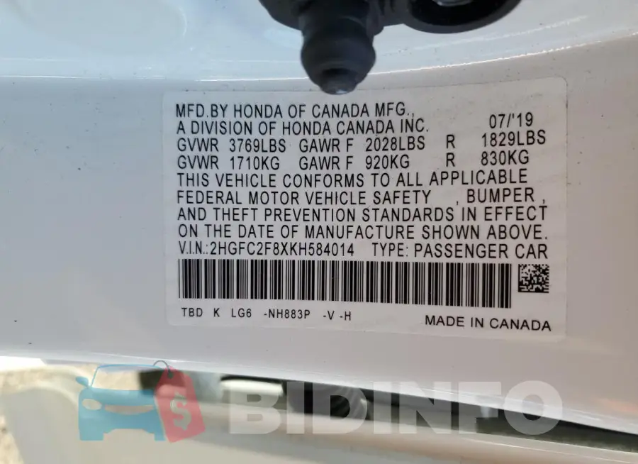 2HGFC2F8XKH584014 Photo# 12