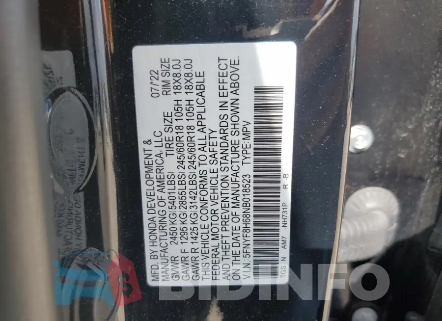 5FNYF8H68NB018523 Photo# 13