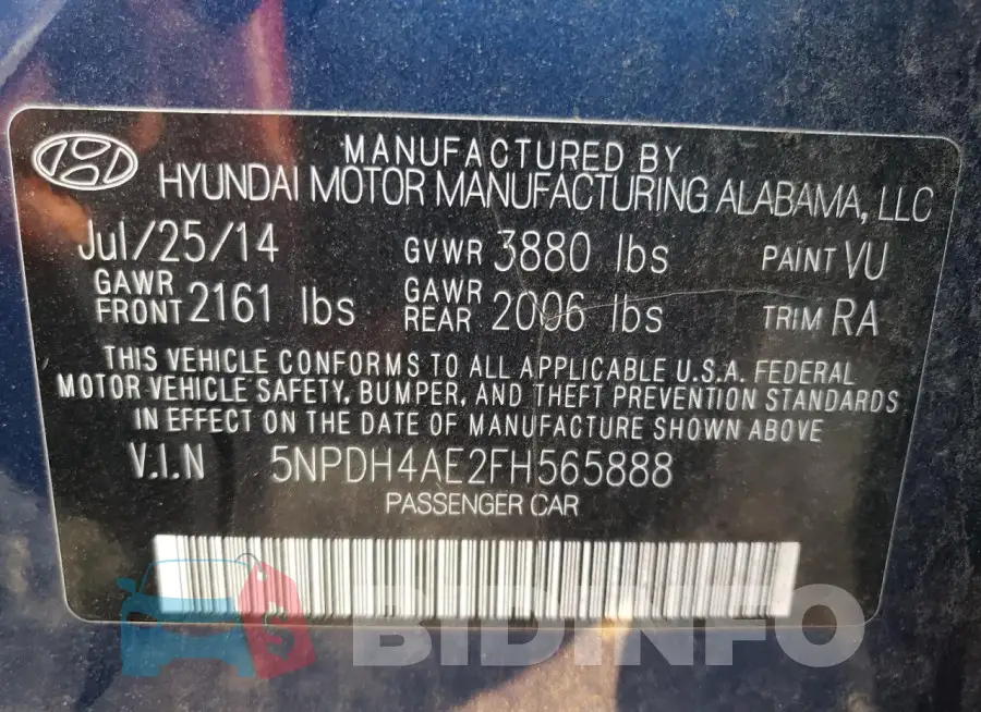 5NPDH4AE2FH565888 Photo# 12
